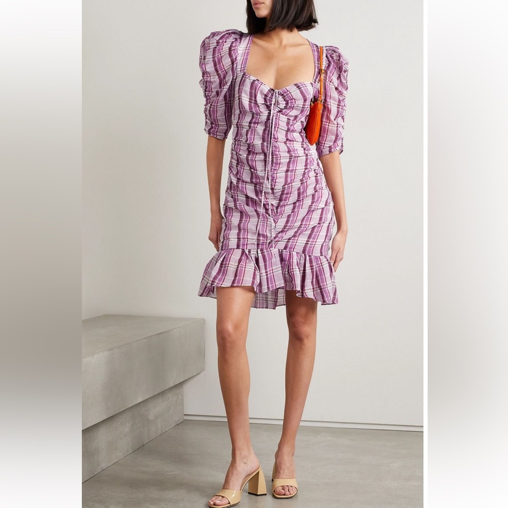 ISABEL MARANT ETOILE GALDINO LILAC CHECK COTTON MINI DRESS - SZ FR 38/US 6